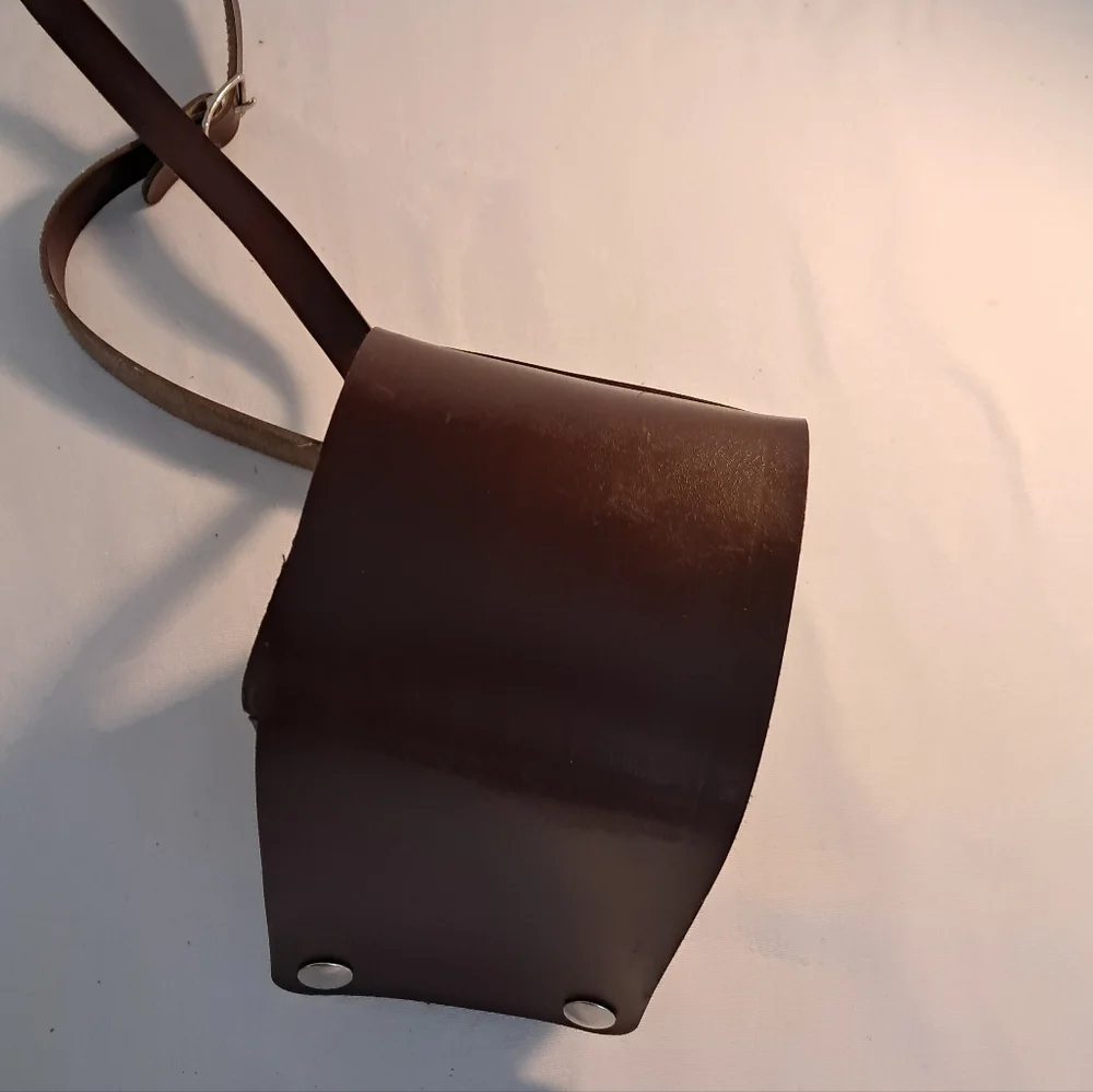 Vintage Leather Camera Case, long strap, brown, buckle straps inside, 4